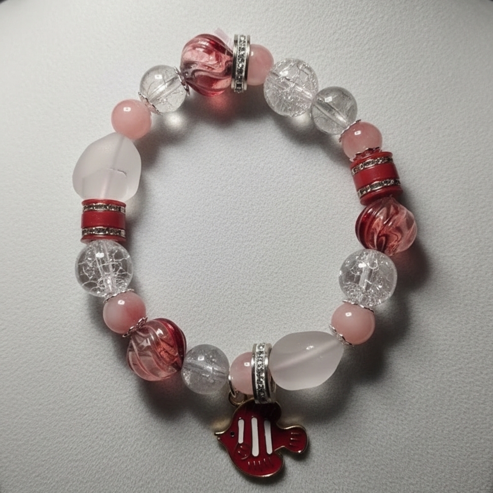 Pink and Clear Valentines Day Beaded Bracelet with Fish Charm